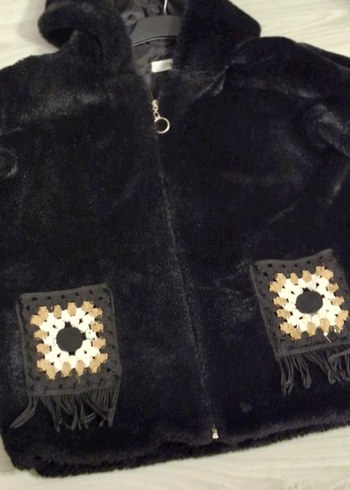 Kapüşonlu Siyah Kadın tasarım Peluş Ceket - Görsel 8