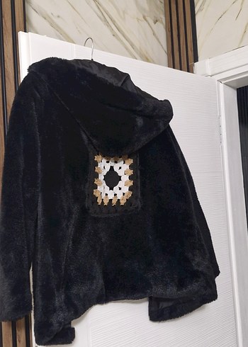 Kapüşonlu Siyah Kadın tasarım Peluş Ceket - Görsel 7