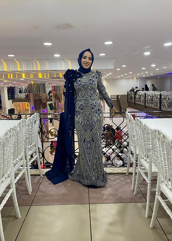 Uzun Kollu Gri Etnik Desenli Abiye Elbise