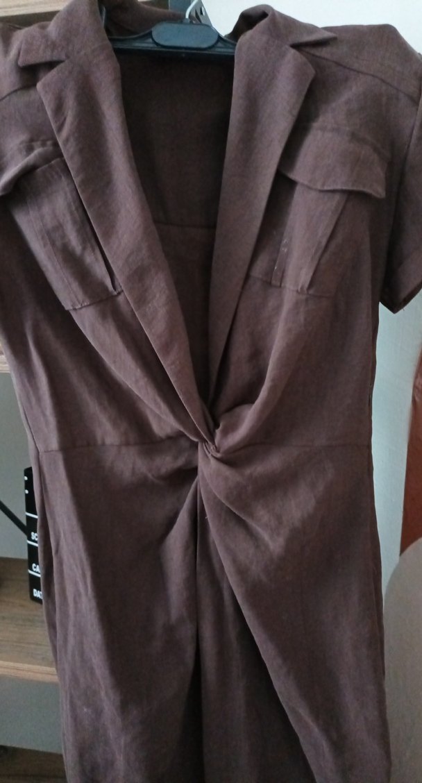 Düğmeli Keten elbise - Görsel 3