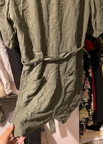 Düğmeli Kısa Kollu Keten Tulum - Görsel 7