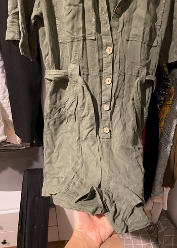 Düğmeli Kısa Kollu Keten Tulum - Görsel 3