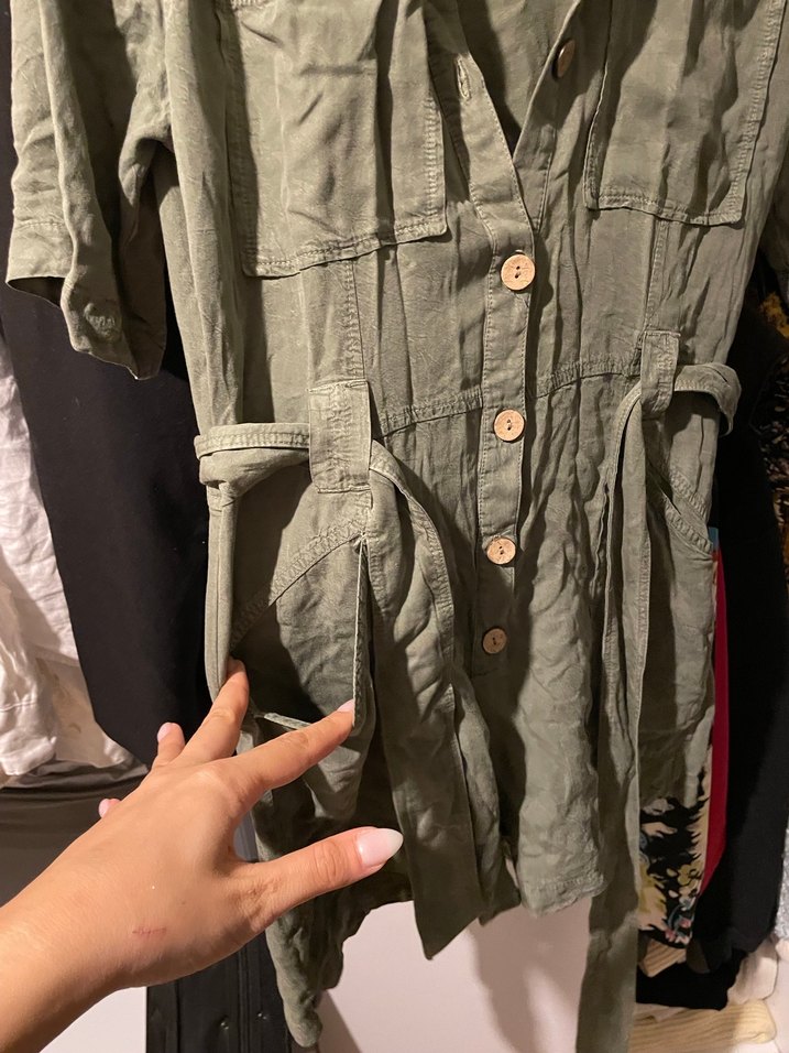 Düğmeli Kısa Kollu Keten Tulum - Görsel 4