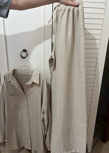 Bej Kadın Keten Gömlek Midi Pantolon Takım