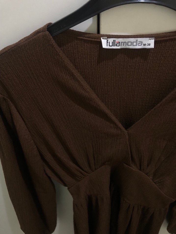 V Yaka Kahverengi Midi Elbise Fulla marka - Görsel 2