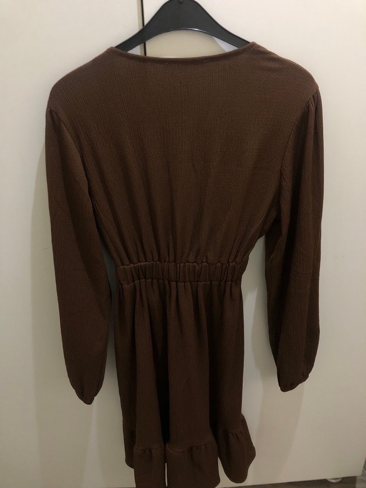 V Yaka Kahverengi Midi Elbise Fulla marka - Görsel 3