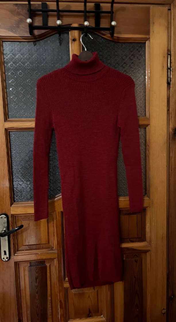 Bordo Uzun Kollu Balıkçı Yaka Triko Elbise - Görsel 2