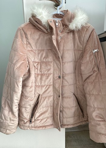 LC Waikiki Bej Kürklü Midi Kadife Mont