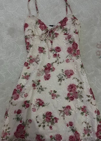 Pembe Dantel Detaylı Bohem Çiçekli Elbise - Görsel 3