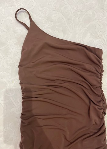 Drapeli Kahverengi Uzun Askılı Kadın Elbise - Görsel 2
