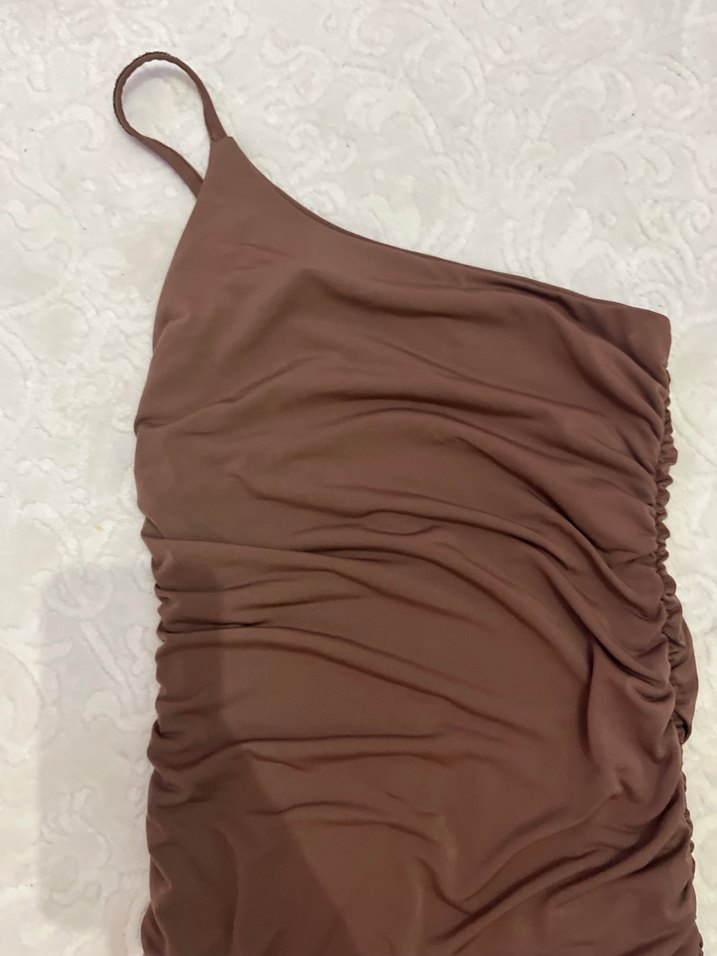 Drapeli Kahverengi Uzun Askılı Kadın Elbise - Görsel 2