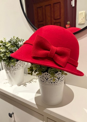 Vintage Kırmızı Yün Kadın Şapka Fiyonk Detaylı - Görsel 2