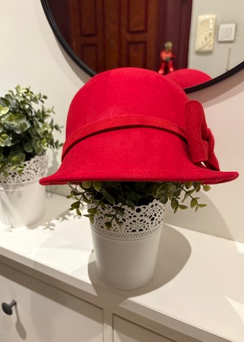 Vintage Kırmızı Yün Kadın Şapka Fiyonk Detaylı - Görsel 3