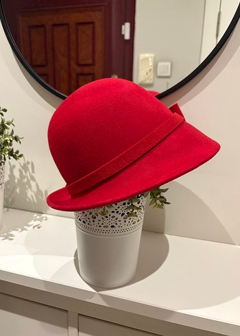 Vintage Kırmızı Yün Kadın Şapka Fiyonk Detaylı - Görsel 4