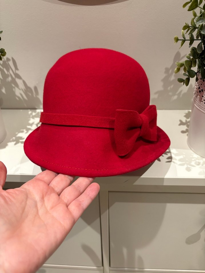 Vintage Kırmızı Yün Kadın Şapka Fiyonk Detaylı - Görsel 5