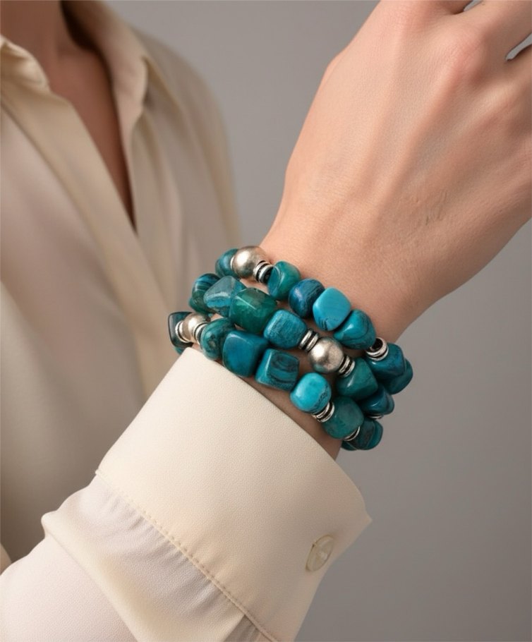 Özel Tasarım Turkuaz Rengi Doğal Taş Üçlü Bileklik - Görsel 3