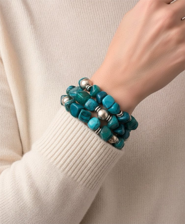 Özel Tasarım Turkuaz Rengi Doğal Taş Üçlü Bileklik - Görsel 4