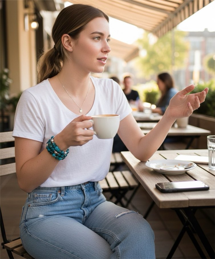 Özel Tasarım Turkuaz Rengi Doğal Taş Üçlü Bileklik - Görsel 2