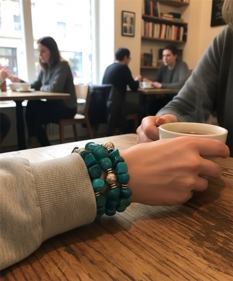 Özel Tasarım Turkuaz Rengi Doğal Taş Üçlü Bileklik - Görsel 5