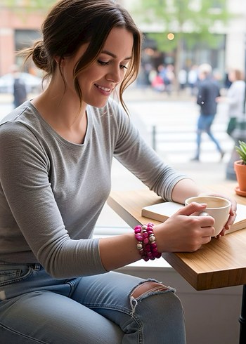 Özel Tasarım Üçlü Doğal Taş Pembe Renkli Bileklik - Görsel 3