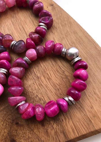 Özel Tasarım Üçlü Doğal Taş Pembe Renkli Bileklik - Görsel 8