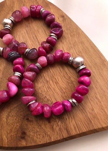 Özel Tasarım Üçlü Doğal Taş Pembe Renkli Bileklik - Görsel 11