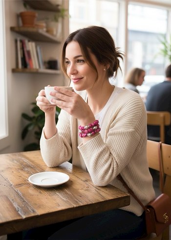 Özel Tasarım Üçlü Doğal Taş Pembe Renkli Bileklik - Görsel 4