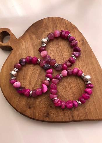 Özel Tasarım Üçlü Doğal Taş Pembe Renkli Bileklik - Görsel 6