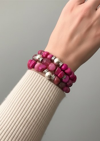 Özel Tasarım Üçlü Doğal Taş Pembe Renkli Bileklik - Görsel 2