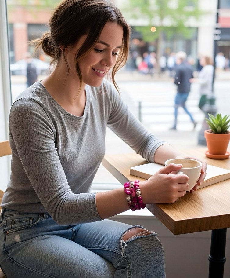 Özel Tasarım Üçlü Doğal Taş Pembe Renkli Bileklik - Görsel 3