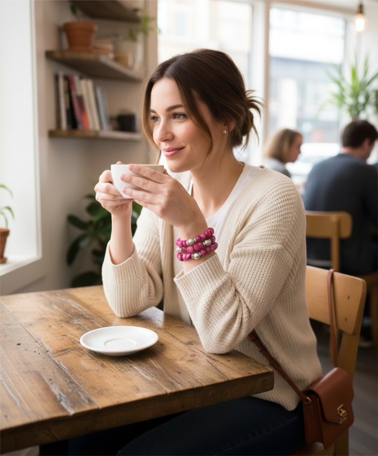 Özel Tasarım Üçlü Doğal Taş Pembe Renkli Bileklik - Görsel 4