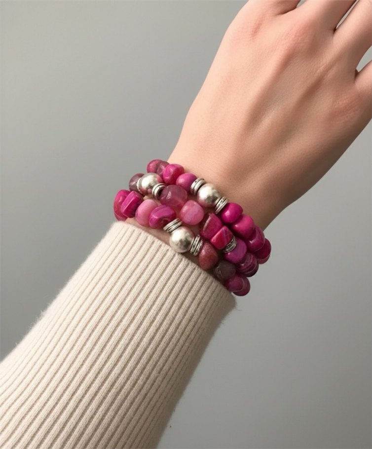 Özel Tasarım Üçlü Doğal Taş Pembe Renkli Bileklik - Görsel 2