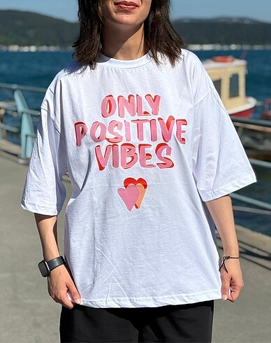 Diğer Only Positive Vibes Unisex Beyaz T-shirt