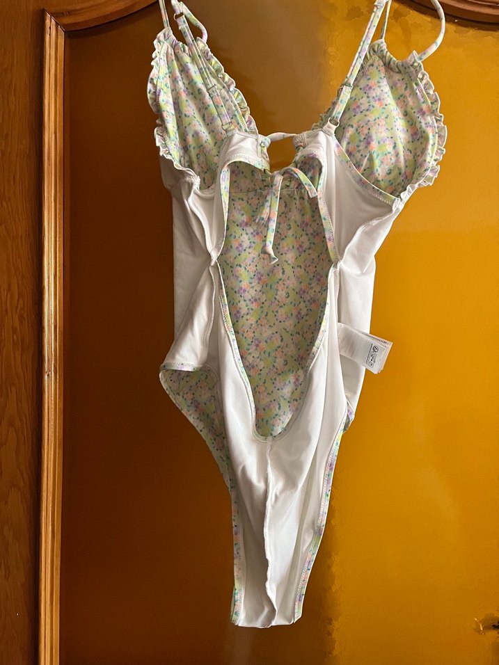 Bohem Renkli Fırfırlı Bağcıklı Mayo high leg vintage stili çiçek - Görsel 5