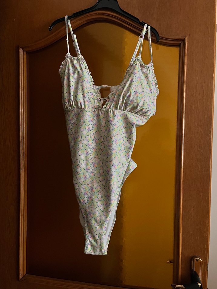 Bohem Renkli Fırfırlı Bağcıklı Mayo high leg vintage stili çiçek - Görsel 2