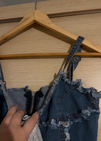 Dantelli Denim bağlamalı fırfırlı kot vintage coquette büstiyer - Görsel 2