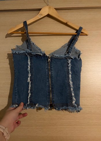 Dantelli Denim bağlamalı fırfırlı kot vintage coquette büstiyer - Görsel 3