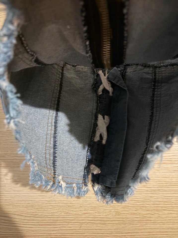 Dantelli Denim bağlamalı fırfırlı kot vintage coquette büstiyer - Görsel 4