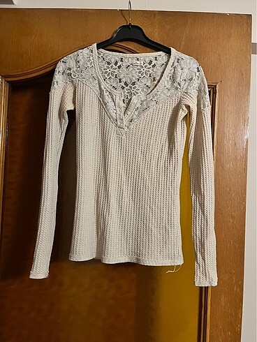 dantelli hollister vintage üst bluz uzun bej top çiçek desenli d