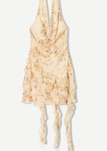 Bej Drapeli Halter Yaka Mini Elbise