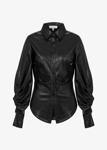 İpekyol Suni Deri büzgülü gömlek - Görsel 3