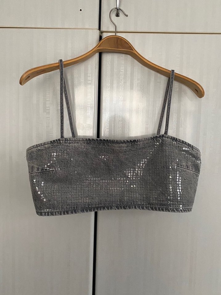 Zara Gri Denim İnce Askılı Büstiyer - Görsel 5