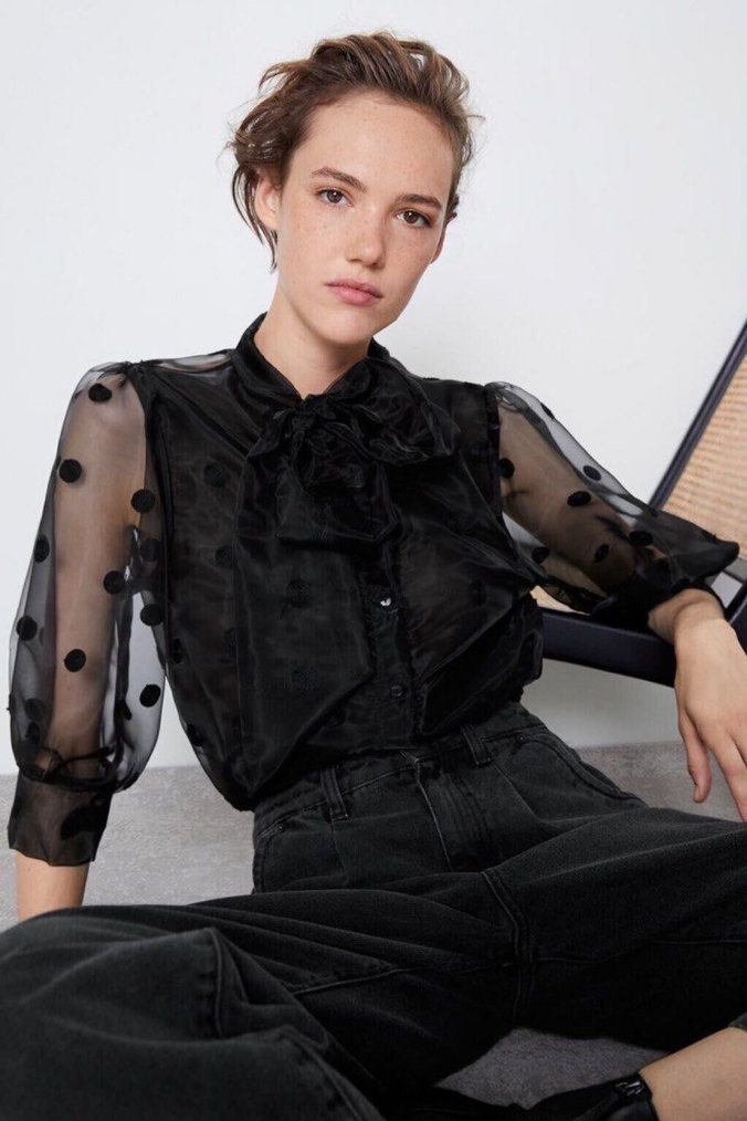 Zara Şeffaf Puantiyeli Siyah Kadın Bluz - Görsel 3