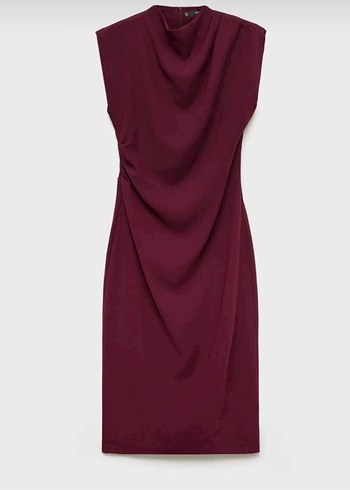 Bordo Yüksek Yakalı Drapeli Midi Elbise - Görsel 2