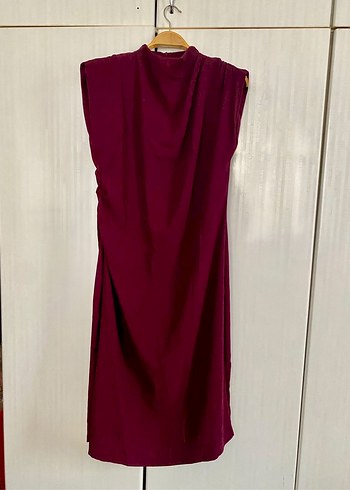 Bordo Yüksek Yakalı Drapeli Midi Elbise - Görsel 6