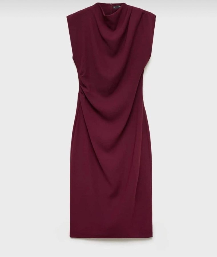 Bordo Yüksek Yakalı Drapeli Midi Elbise - Görsel 2