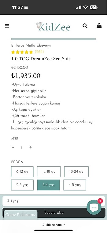 4 Yaş Beden Kidzee uyku tulumu