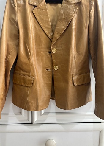 Vintage y2k Düğmeli Bej Deri Kadın Ceket - Görsel 4