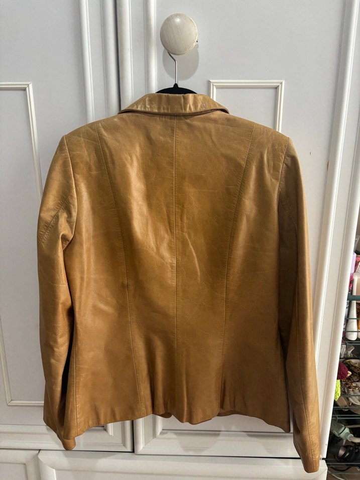 Vintage y2k Düğmeli Bej Deri Kadın Ceket - Görsel 5