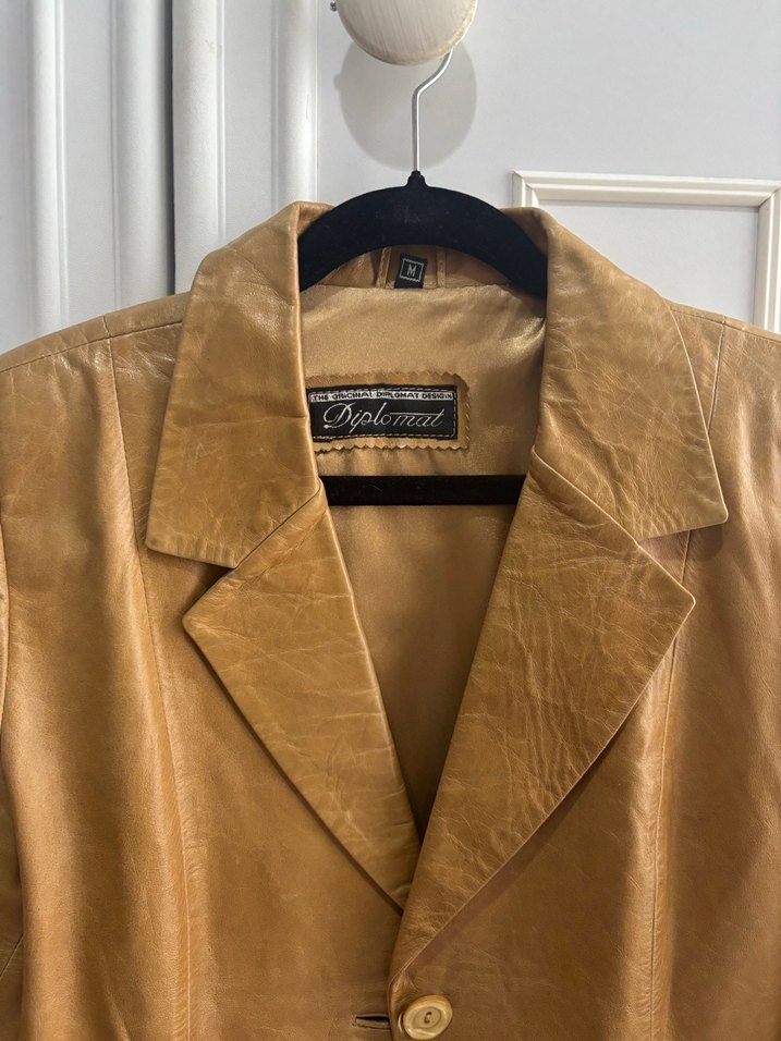 Vintage y2k Düğmeli Bej Deri Kadın Ceket - Görsel 2